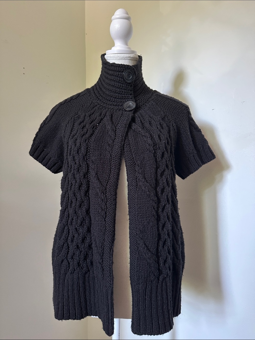 ESPRIT Black Wool Blend Y2K Preppy Cable Knit Turtle Neck Short Sleeve Cardigan